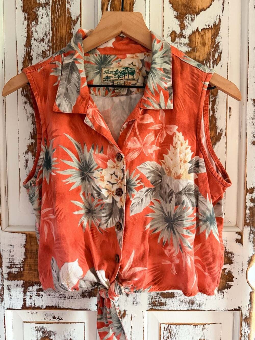 Vintage Havana Jack's Sleeveless Tie-Front Crop Top Coral Tropical Print Size PL